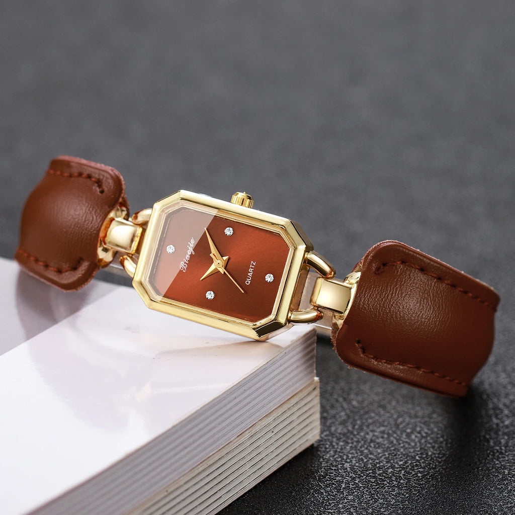 Women Small Rectangle Dial Quartz Wrist Watch Brown Leather Strap Rhinestone Index Elegant Casual Ladies Dress Wristwatch Gift Qme