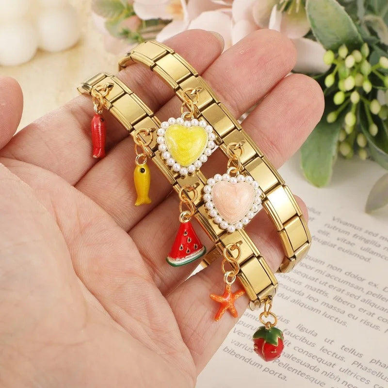 New Lotus Root Slices Stars Apple Gold Color Pendant Italian Charm Links Fit 9mm Stainless Steel Bracelet Women DIY Making Gifts Qme