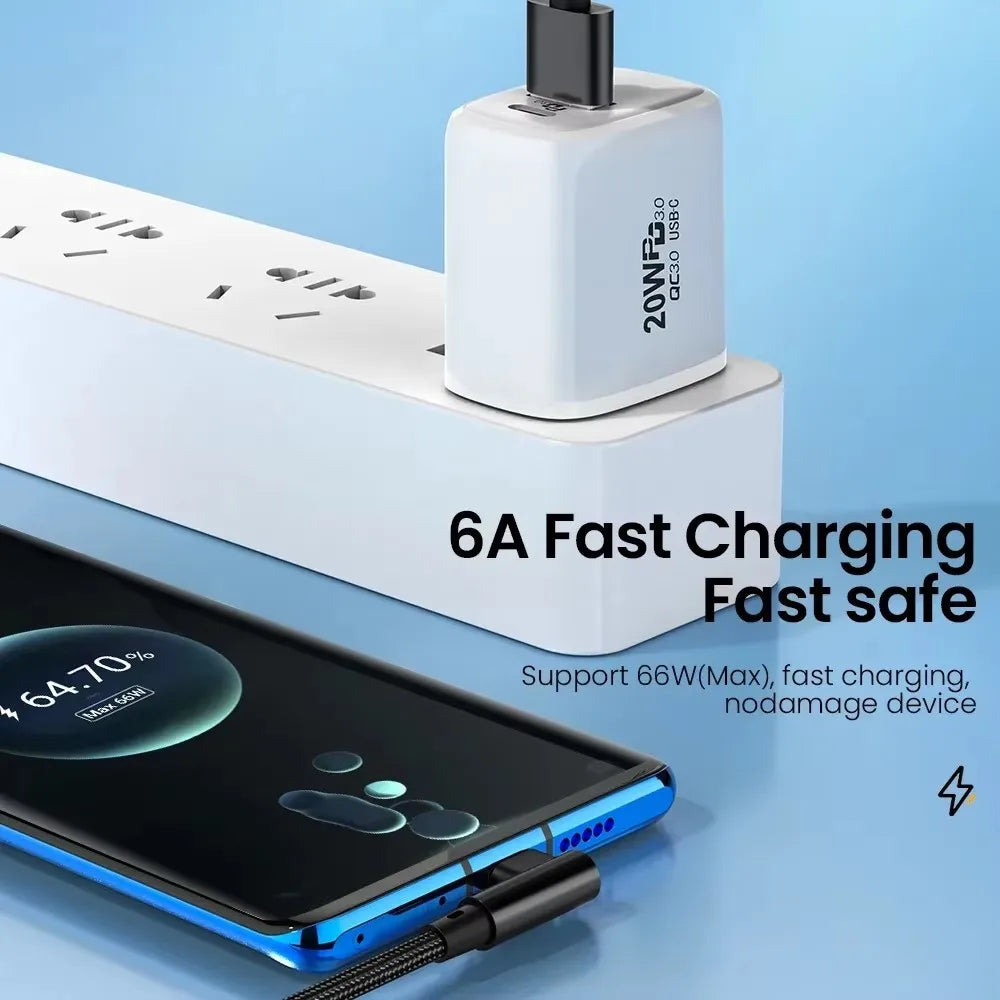 90 Degree Elbow Charger Cable 66W 6A Type C USB Fast Charging Cable for Gaming for Huawei Xiaomi 14 Redmi Honor OPPO Realme POCO Qme