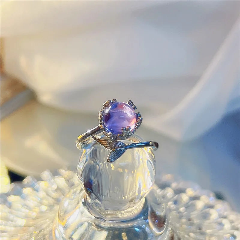 Design Sense Fashion Fishtail Crystal Multicolor Adjustable Open Ring Girl Woman Fashion Beach Party Birthday Gift Jewelry Qme