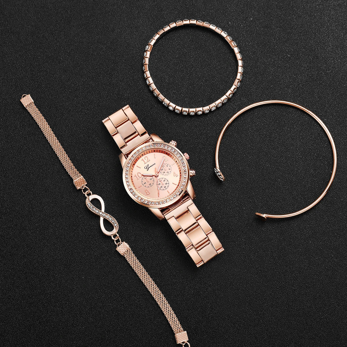 4 pçs moda feminina relógio de luxo strass banda aço senhoras relógio quartzo pulseira conjunto relogio feminino (sem caixa) Qme