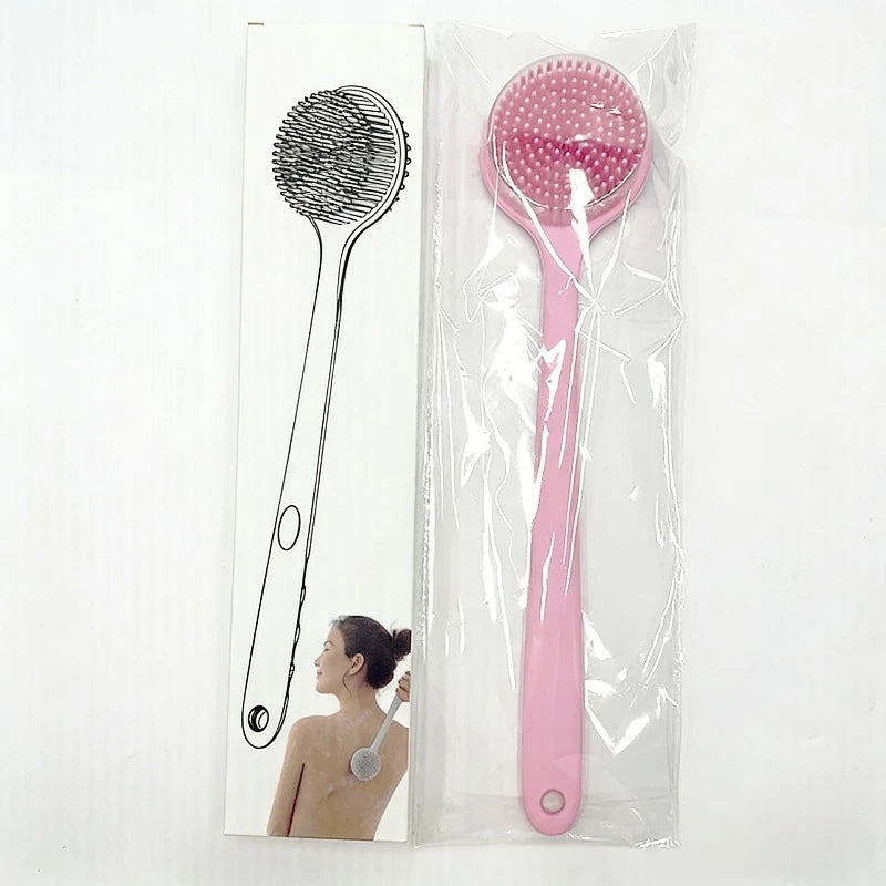 Silicone Scrubber Long Handle Double Sided Exfoliating Massage Qme Pink