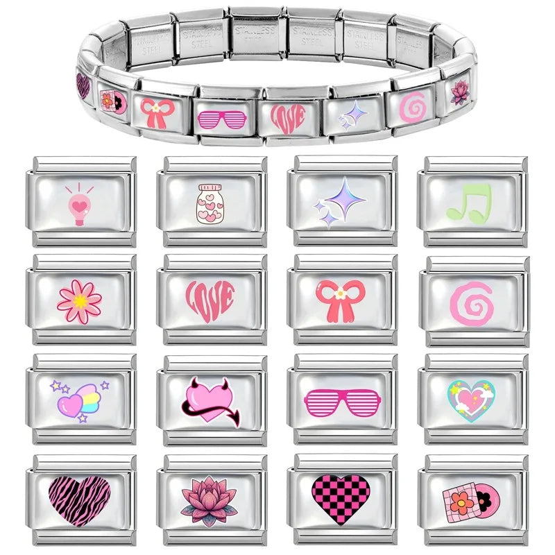 Wholesale Fashion Pink Love Heart Butterfly Planet Dice Cherry Italian Charm Links Fit 9MM Stainless Steel Bracelet DIY Making Qme