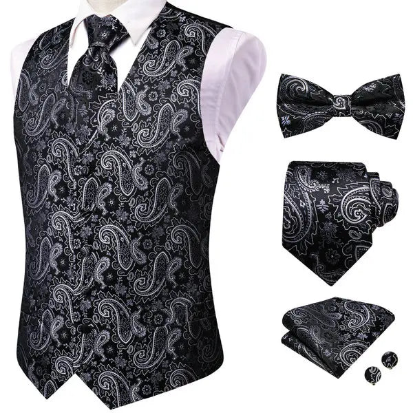 Men Black Grey Paisley Pattern V Collar Vest Full Wedding Party Qme