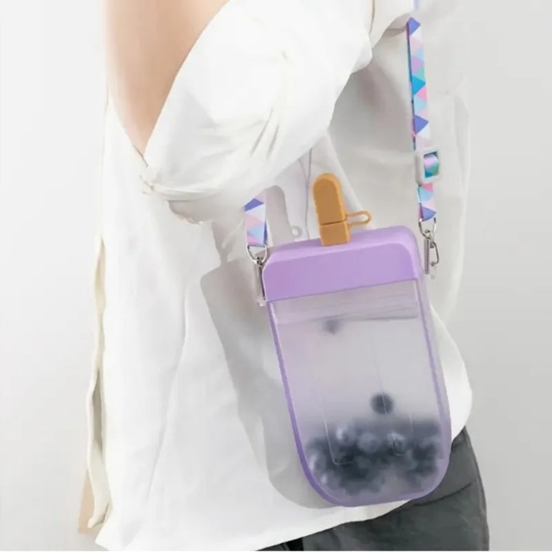 300ml popsicle ice cream cup, crossbody plastic straw water cup, simple and creative, portable cup, straw anti drop water bottle Qme