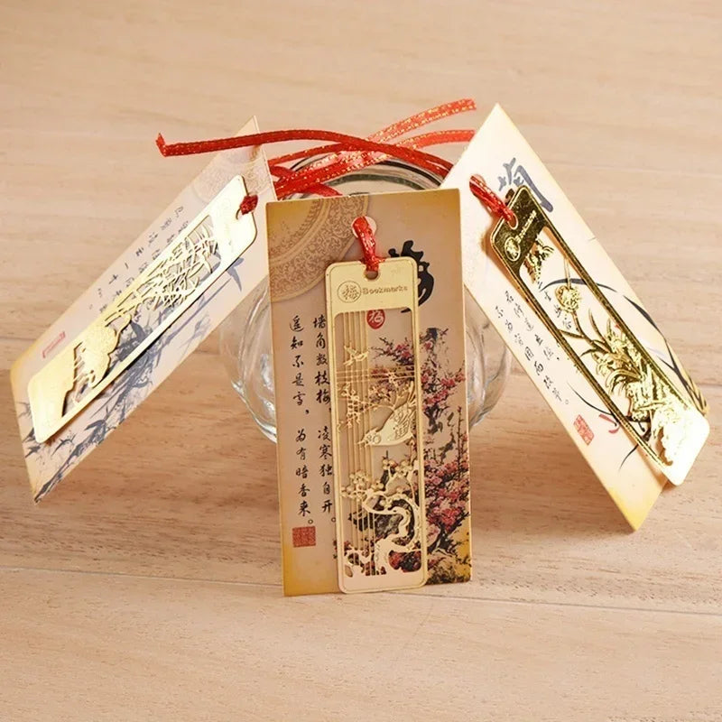 Chinese Style Bookmarks Creative Metal Hollow Out Metal Book Mark Tasse With Red Knot For Kids Students Gifts School Supplies Qme