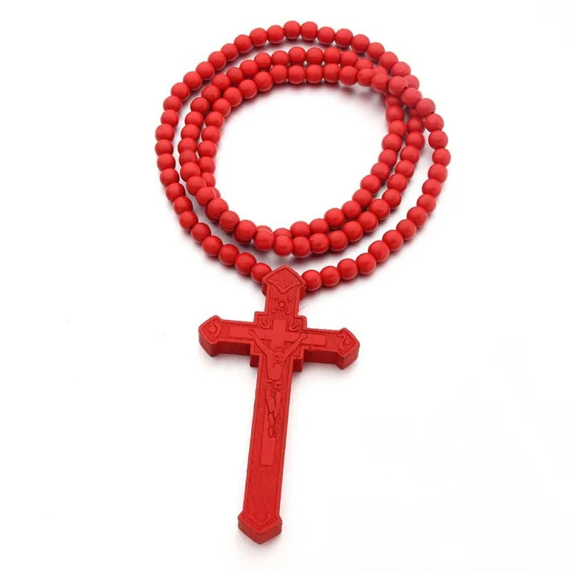 Wooden Rosary Pendant Cosplay Religious Antique Cool Cross Necklace Beads Catholic God Bless Jewelry Trend Fashion Festival Gift Qme Red