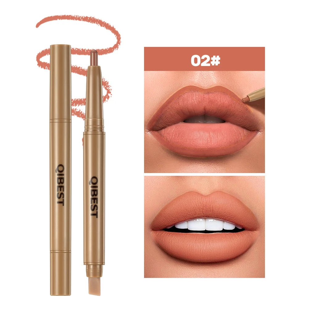 QIBEST Double Head Lip Liner&Brush Pen Makeup Mist Matte Contour Tint Lipstick Pencil 2 In 1 Stick Lasting Nude Black Lipliner Qme 02
