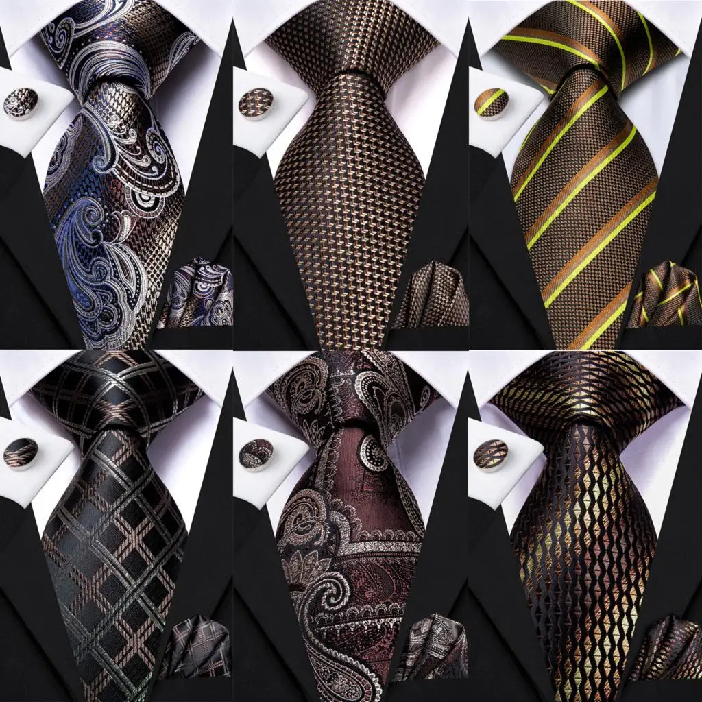 Hi-Tie Paisley Brown Tie For Men Elegant Mens Necktie Pocket Square Cufflink Groom Wedding Accessory Wholesale New Designer Qme