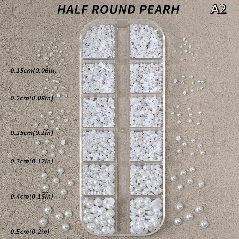 12 Grid Mixed Flat Bottomed Pearl Half Round Rhinestones Nail Jewelry Qme A2