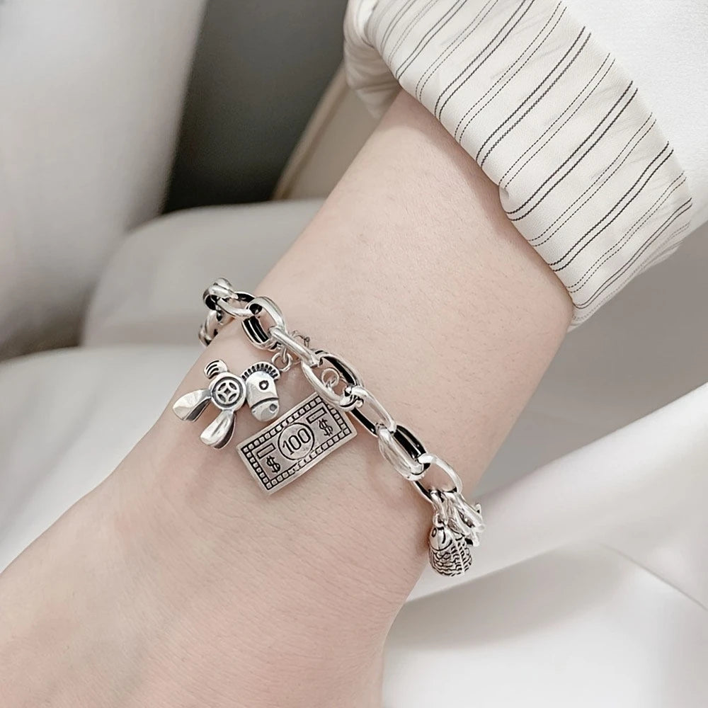 Bracelet for Women Retro Thick Chain Charm Bracelet with Horse Money Bill Fish Pendant Lucky Wealth Jewelry Birthday Gift Qme