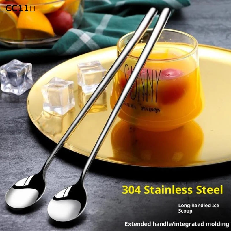 304 Stainless Steel Spoons Ice Cream Long Handle Coffee Stirring Qme