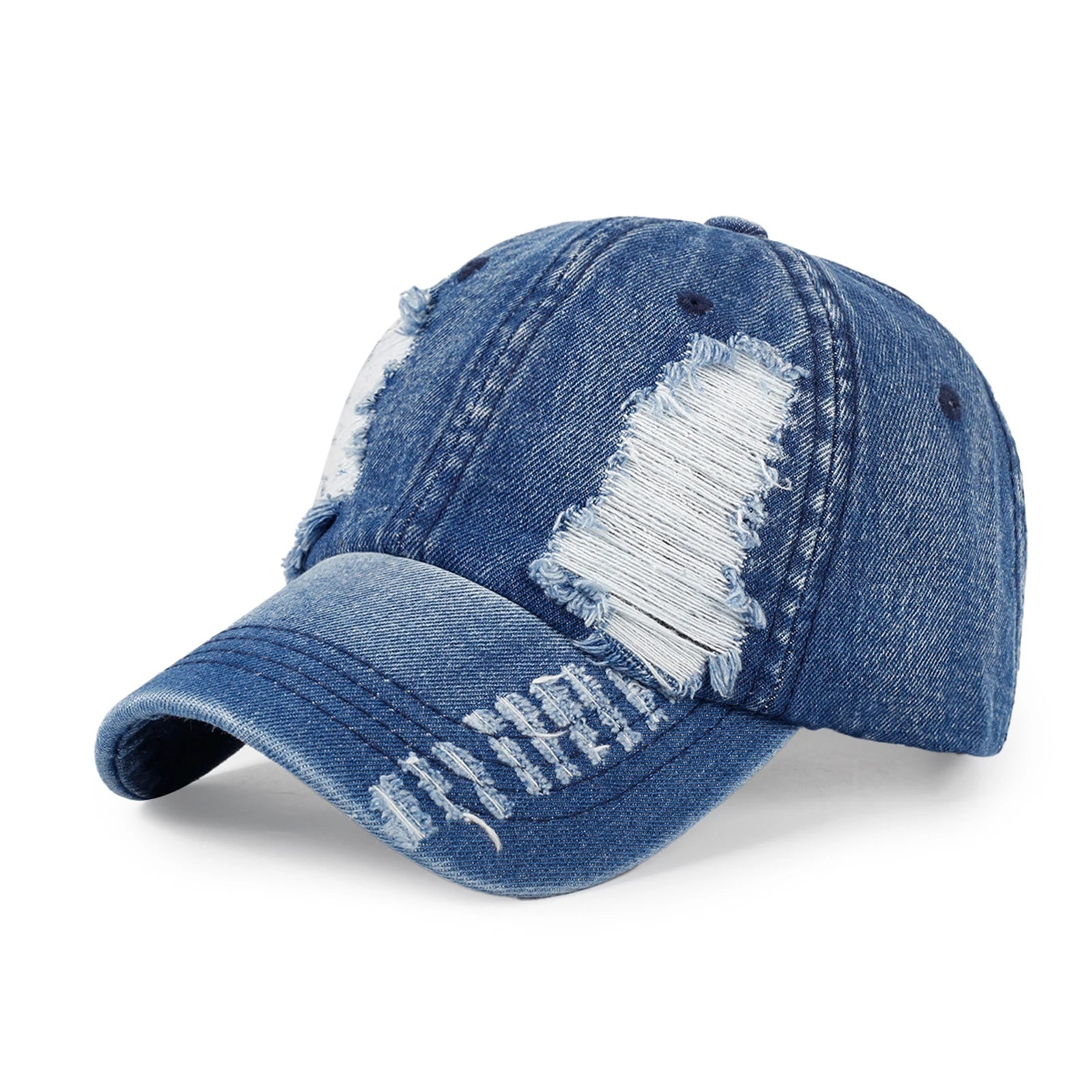 Chic Streetwear Baseball Cap Hole Breaking Vintage Visor Casual and Versatile Caps Fashionable Hats for Men and Women Qme Blue One Size