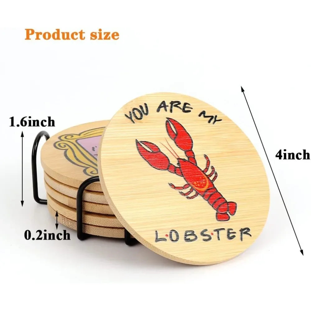 Wooden Coasters Holder Cozy Home Decor Food Cat Lobster Pattern Qme