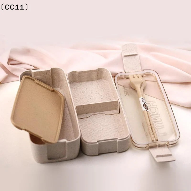 Double-layer Wheat Straw Lunch Box Fork Spoon Microwave Safe Portable Qme