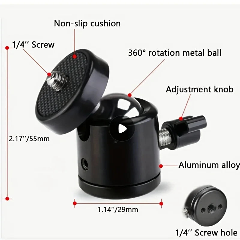 Mini Metal Ball Head Tripod Mount Adapter, 1/4 Inch Screw Swivel Ballhead for DSLR Camera Ring Light Phone Live Streaming Stand Qme