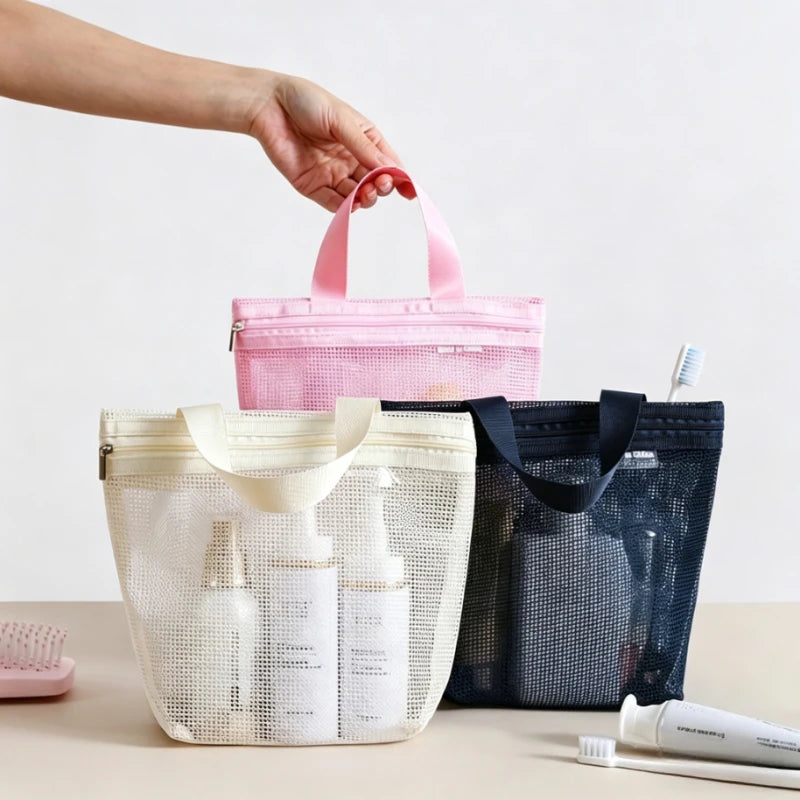 Mesh Makeup Toiletry Storage Bags Handbags Portable Travel Washing Body Shower Tools Organizer Hanging Organizer Pouch Qme