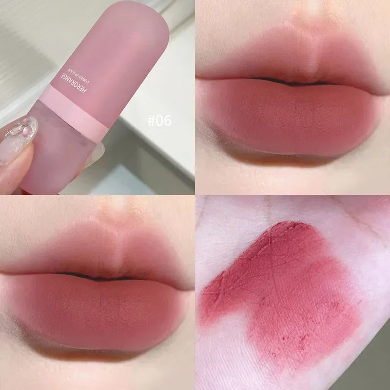 Red Brown Matte Velvet Lip Gloss Waterproof Liquid Lipstick Non-stick Cup Lips Tint Mud Makeup Rose Peach Lip Glaze Cosmetics Qme A06