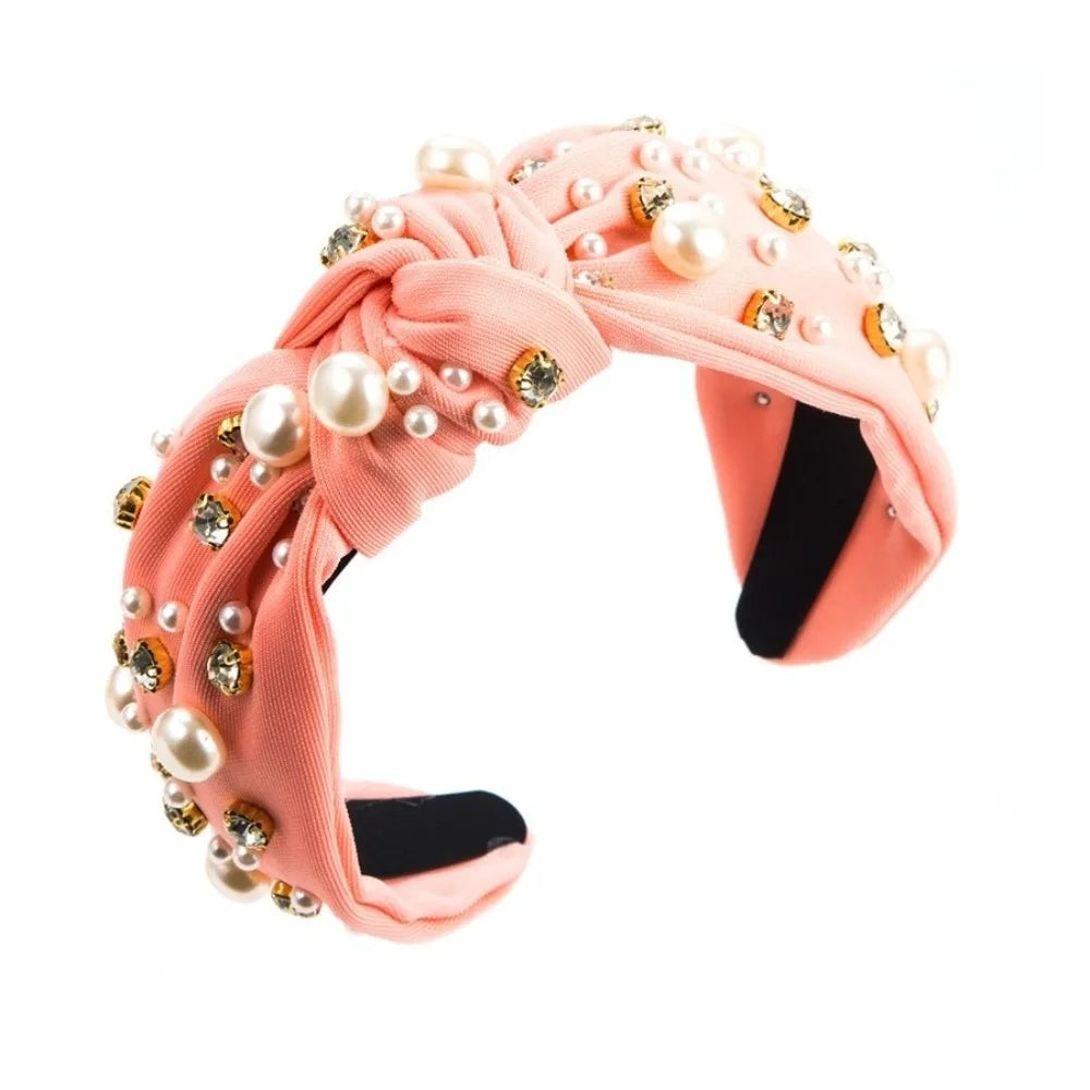 Solid Color Rhinestone Pearl Hairband Wide Edge Nail Pearl Head Hoop Hair Ornament Knot Style Baroque Headband Hair Accessories Qme Dark Pink