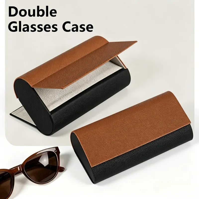 Double Layer Glasses Case Sturdy Faux Leather Magnetic Closure Holds Qme