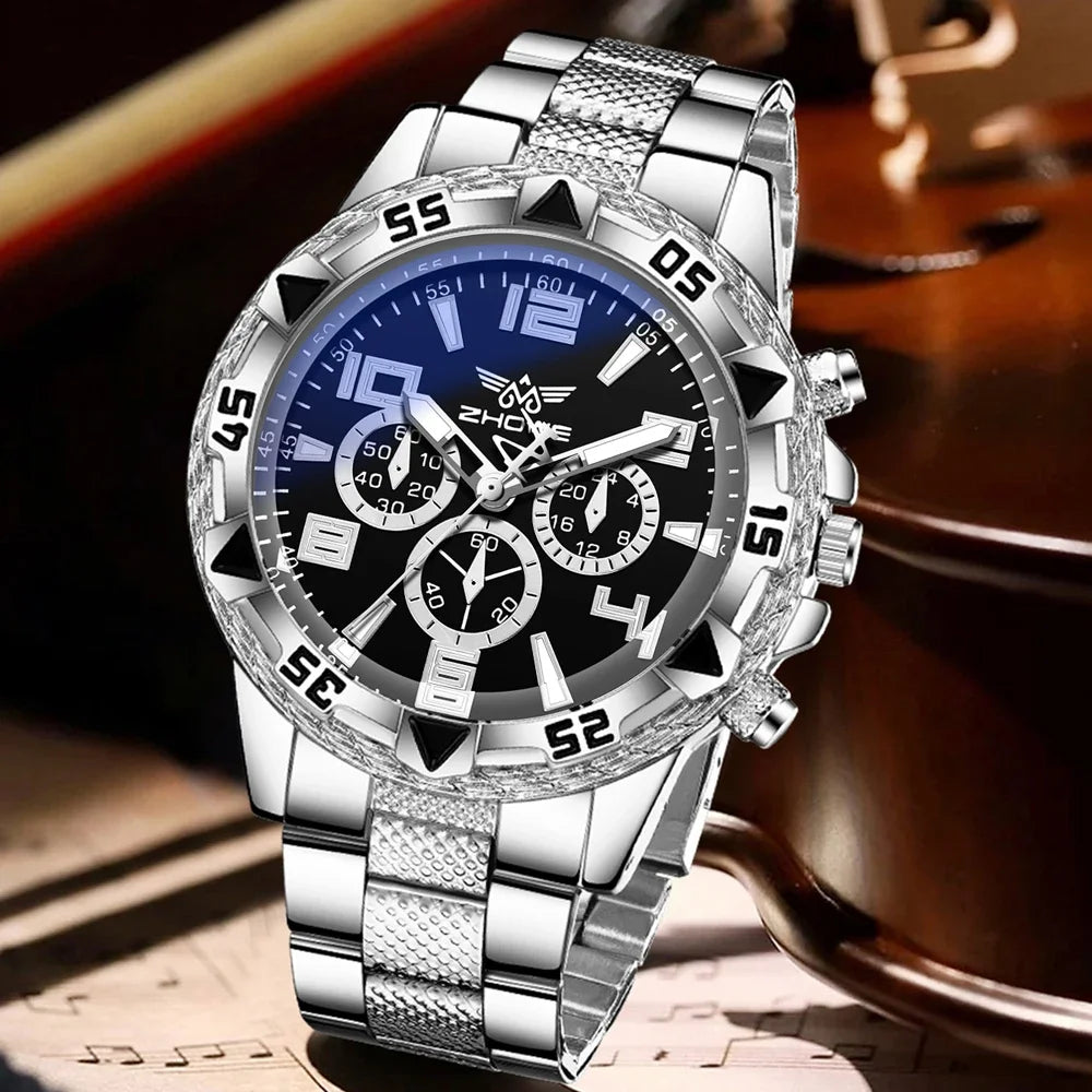 2PCS Silver Men's Watch Set Fashion Trend Business Quartz Watch Set Suitable for Daily Clothing Matching Perfect Gift Qme