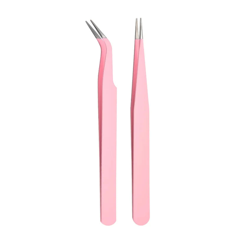 Stainless Steel Straight Curved Tweezers Colorful DIY Eyelash Tweezer Qme 2Pcs Pink China Mainland
