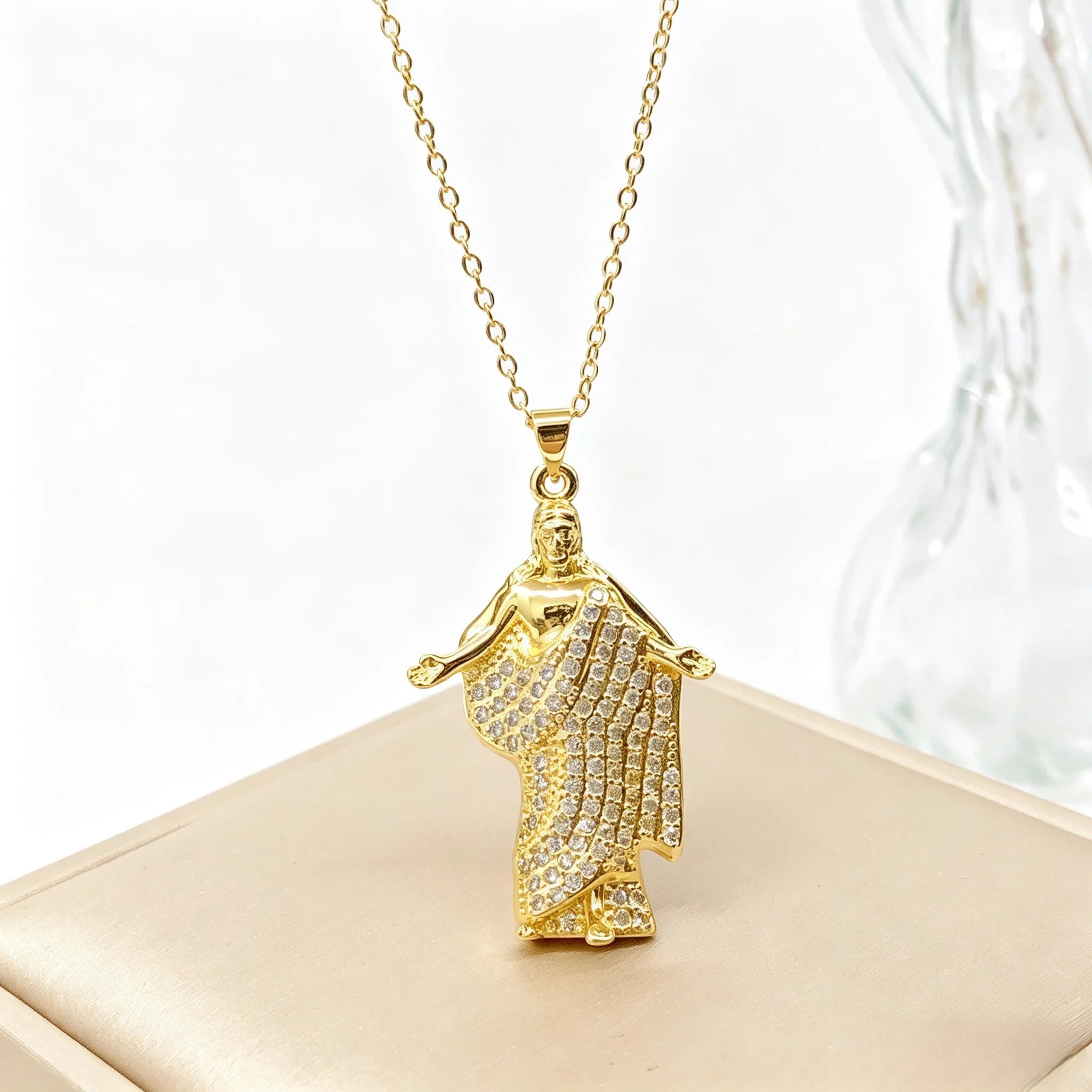 Gold-Plated Religious Medal Zircon Necklace Archangel Saint Michael Santa Muerte Jesus Choker Amulet Jewelry for Men Women New Qme 3