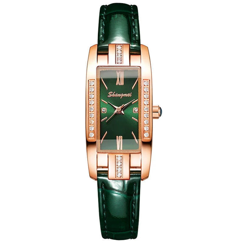 Small Rectangle Crystal Ladies Watch Rose Gold Roman Dial Glossy Leather Strap Women Elegant Dress Quartz Wristwatch Qme Coffee