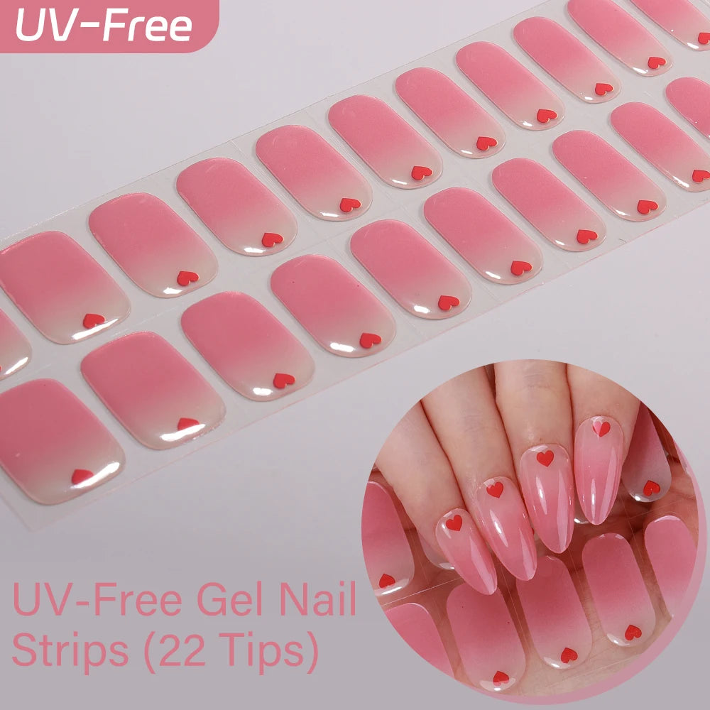 22Tips French Red Heart Kiss UV-Free Gel Nail Stickers Glitter Flower