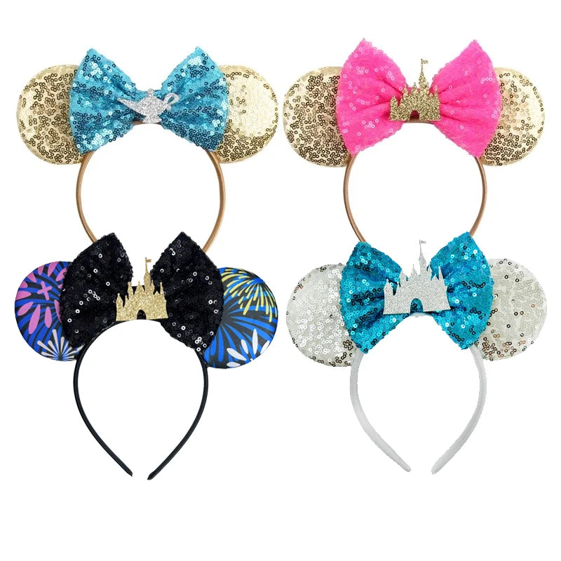 New Glitter Crown Castle Hairband Girls Princess Party Headwear Sequins Mouse Ears Bow Headband Hair Accessories Kids Boutique Qme