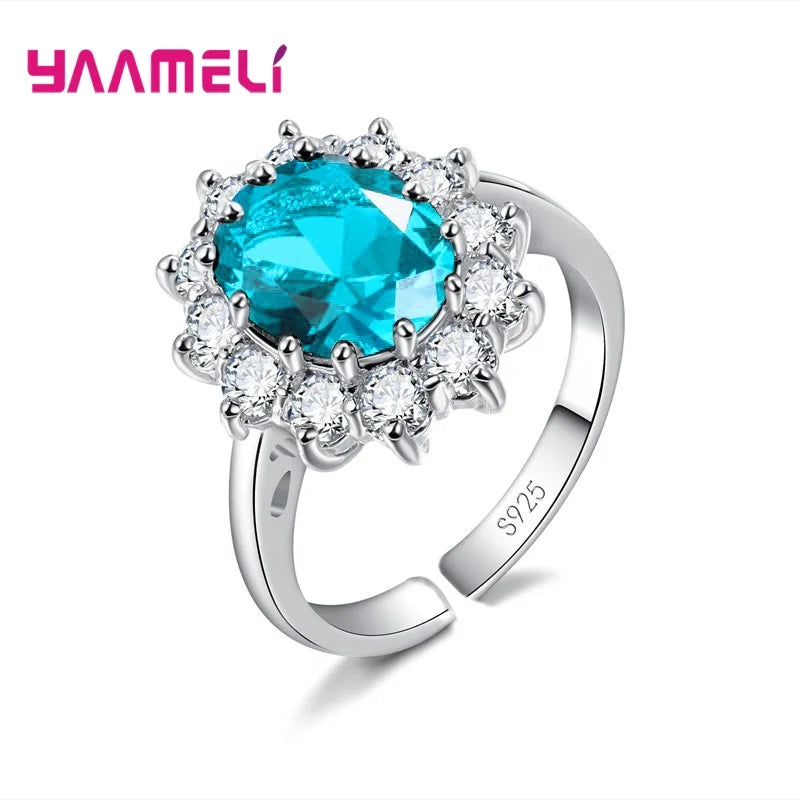100% Authentic 925 Sterling Silver Color Women Wedding Engagement Jewelry Ring Classic Oval Flower Shiny Cubic Zircon Crystal Qme Sky Blue