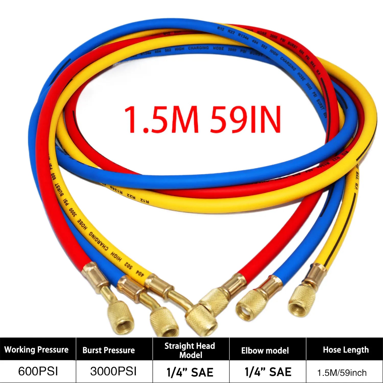 0.9M-1.8M AC Charging Hose Tube Kit Hose Low Loss Fittings for R134A R12 R22 Refrigerant Air Conditioning Manifold Gauge Qme 1.5M 3000psi