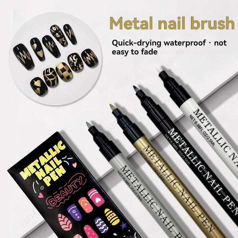 4 Colors Metal Nail Art Graffiti Pen Set Nail Marker Drawing Pen, Waterproof DIY Art Nail Painting Manicure Pen Qme