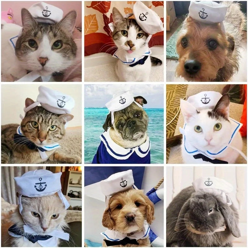 Pet Halloween sailor suit, sailor hat with tie set, cute Halloween party costumes Qme