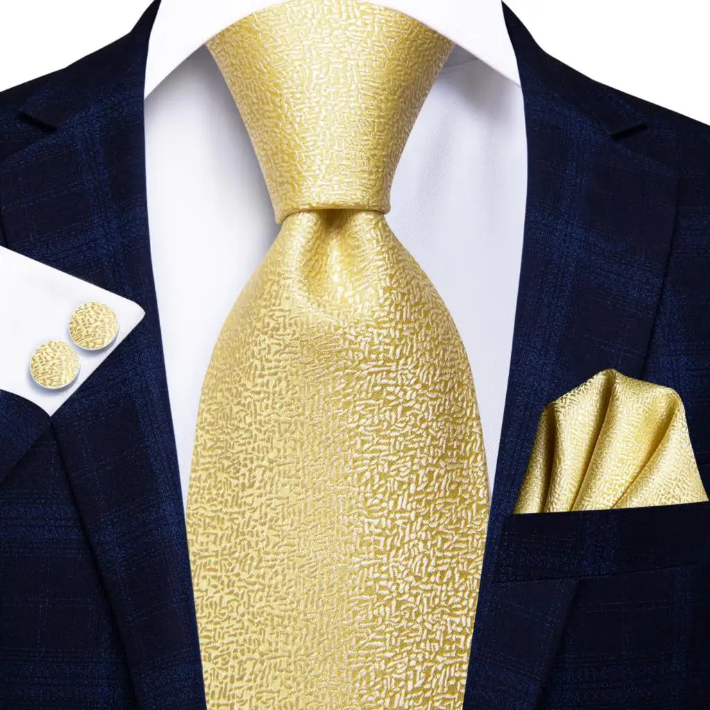 Solid Gold Yellow Ties Men Handky Cufflinks Fashion Men's Tie Wedding Qme 1116