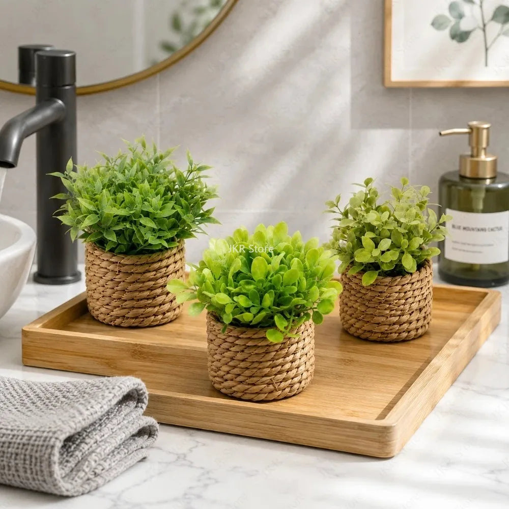 Mini PE Artificial Eucalyptus Plant Green Fake Potted Grass With Woven Pot Home Office Desktop Party Decor Holiday Gift Qme