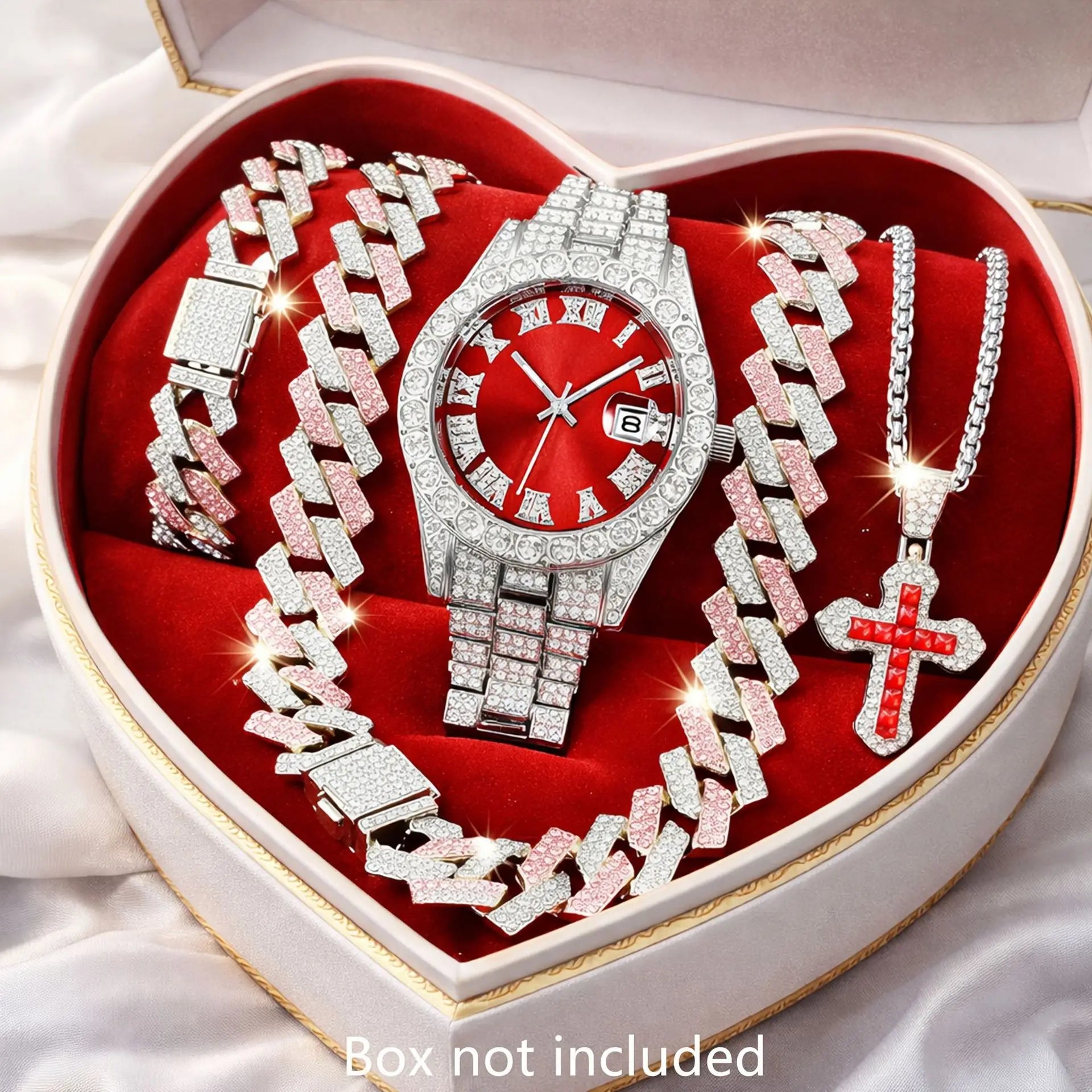 4pcs Foreign Trade Hot Men's Watch Set Hip Hop Full Diamond Quartz Watch Set Men's Business Quartz Watch Qme Red
