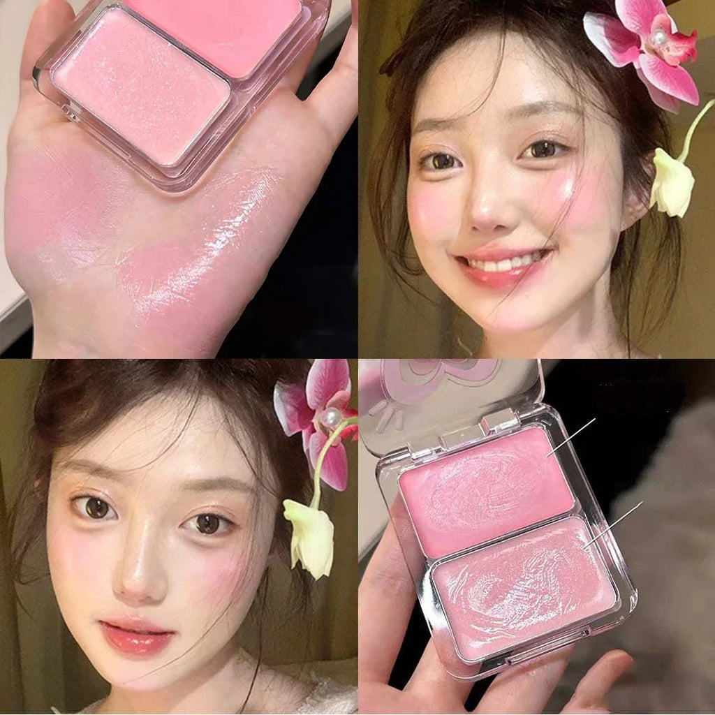 Moisturizing Duo Cheek Blush Palette Brighten Contouring Natural Water Light Clear Shimmer Highlighter Blush Cream Multi-Purpose Qme