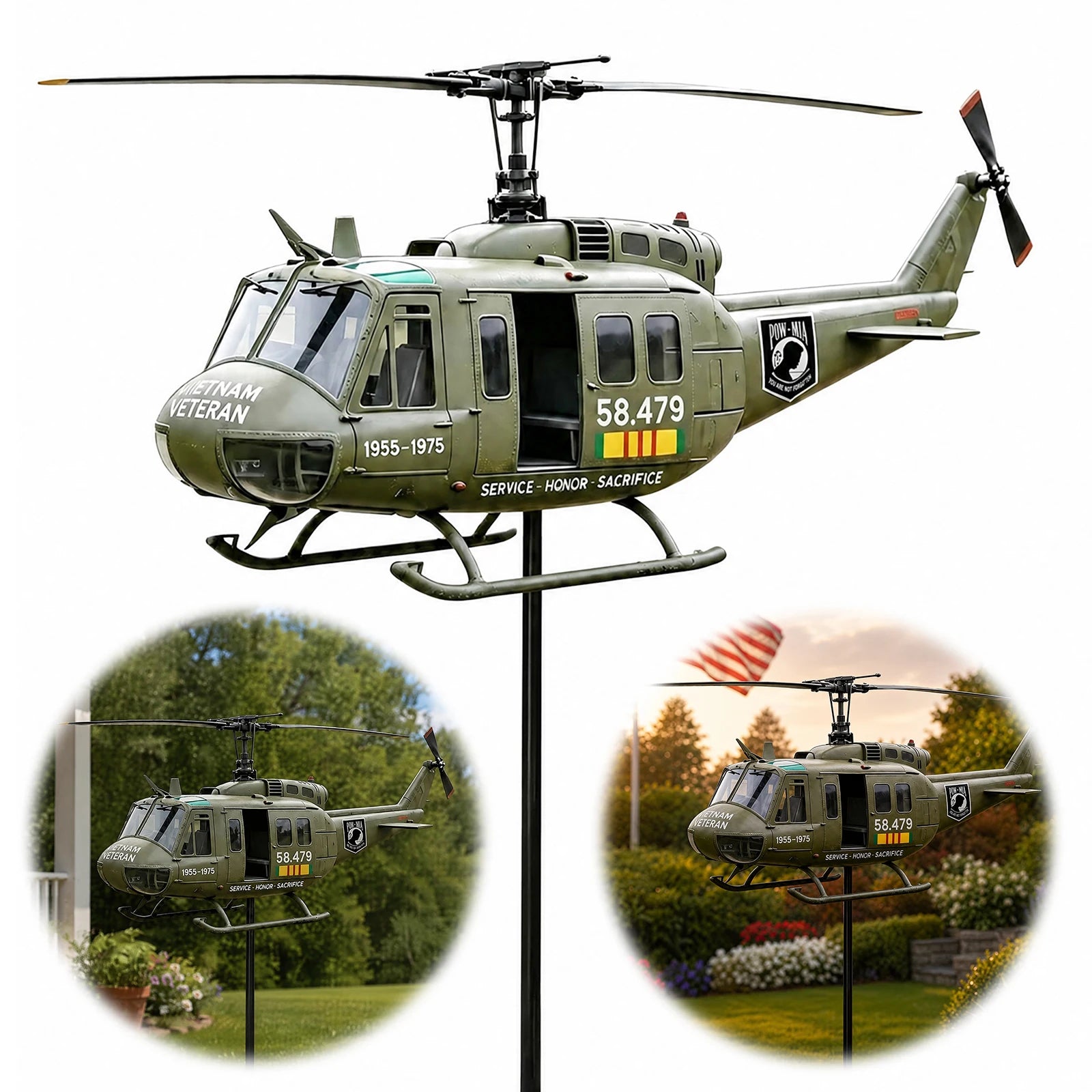 Metal Helicopter Wind Spinner with Spinning Propeller Patriotic Helicopter Windmill Stake for Patio Garden Terrace Balcony Decor Qme