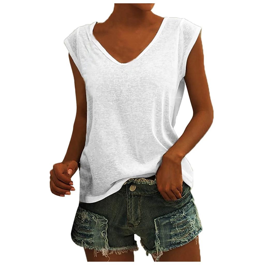 Women's Solid Color Minimalist Fashionable V-Neck Sleeveless T-Shirt Casual And Versatile Loose Summer Basics Street Tank Tops Qme