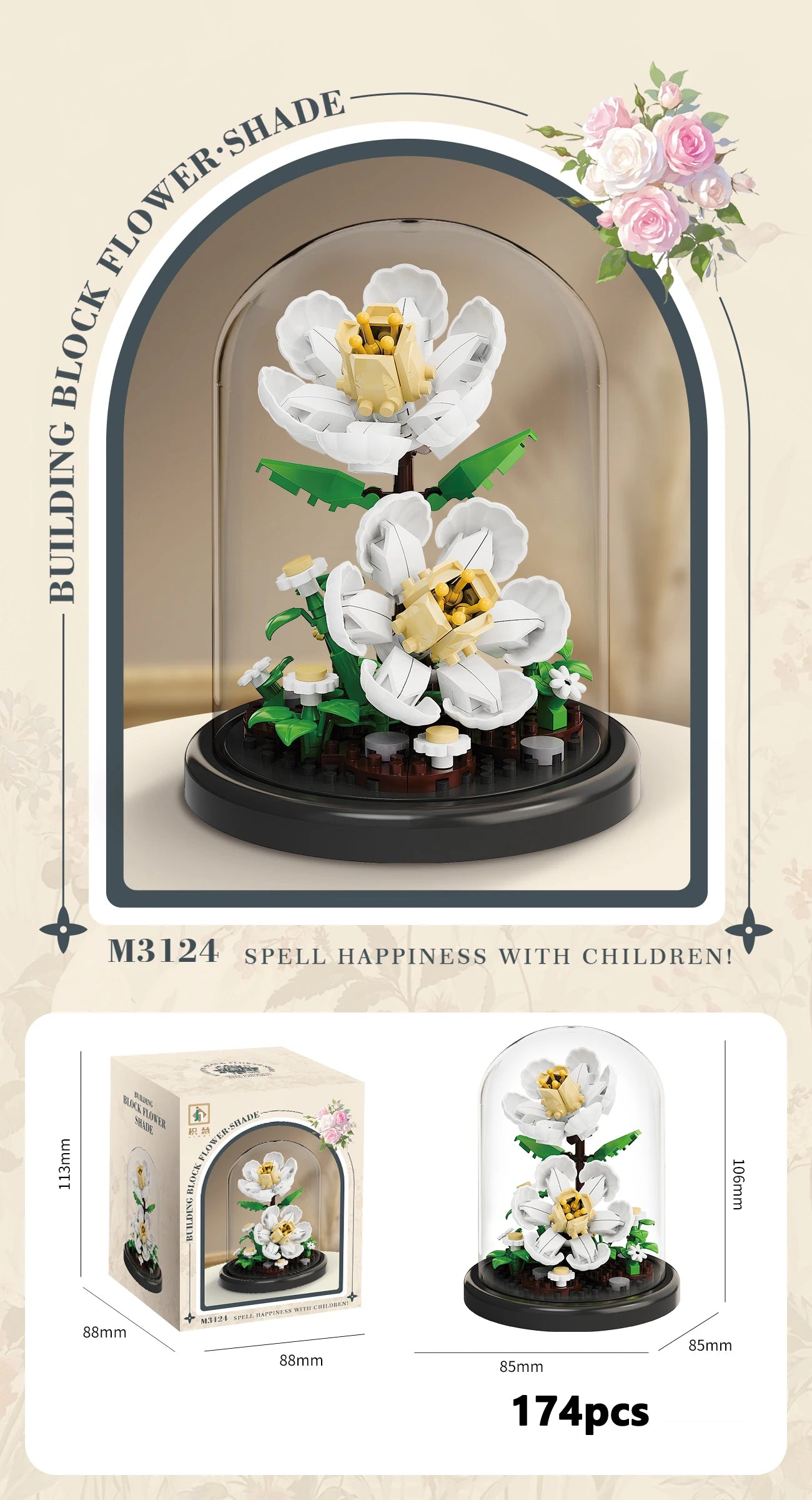 Eternal Flower Bouquet Bonsai Potted Plant Micro Building Blocks Model Home Decoration Puzzle Toys Kids Birthday Christmas Gifts Qme 3124-With Cover
