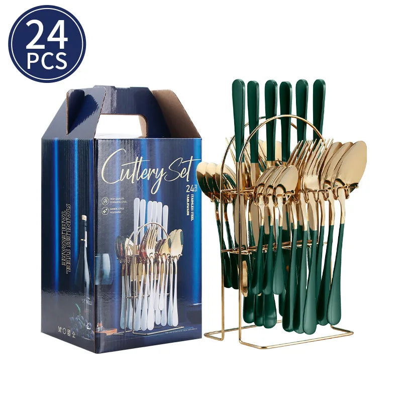 24-Piece Stainless Steel Tableware Set,Western Cutlery Steak Knife Fork Spoon, Gift Box Set for Home Restaurant Wedding Gift Qme