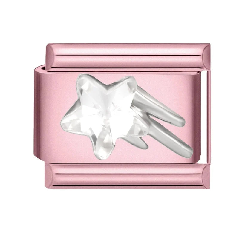 2025 New Sweet Zircon Bright Flowers Heart Bows Pink DIY Making Bracelet Women Men Stainless Steel 9mm Italian Charm Links Fit Qme Style 35