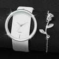 2PCS/Set Fashion Hollow Dial Women Watches Leather Band Quartz Watch Flower Bracelet Set Qme WHITE