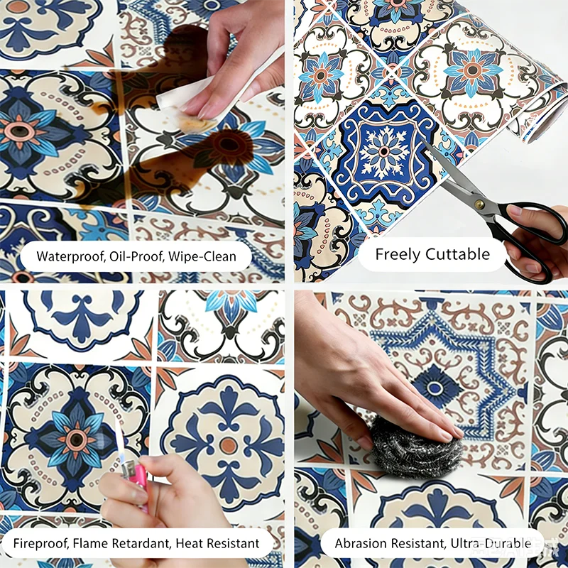 Self‑Adhesive Classic European Tile Kitchen Backsplash Sticker Waterproof High‑Temp Resistant Anti‑Oil Removable Wall Cover Film Qme