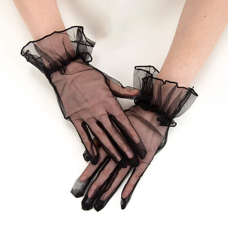 Women Black Lace Gloves Ultra Thin Tulle Wedding Bride Dress Driving Qme