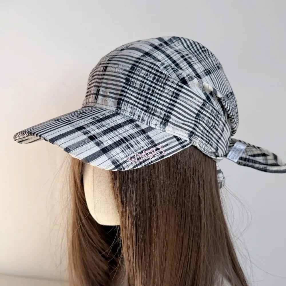 Contrasting Color Retro Plaid Sun Hat Retro Wide Brim Personalized Strap Cap Strap Adjustable Retro Plaid Turban Hat Qme Black