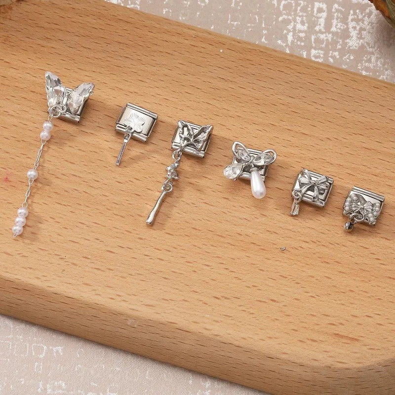 Wholesale Zircon Long Tassel Chain Pendant Series Italian Charm Links Fit 9mm Stainless Steel Bracelet Women DIY Making Jewelrys Qme