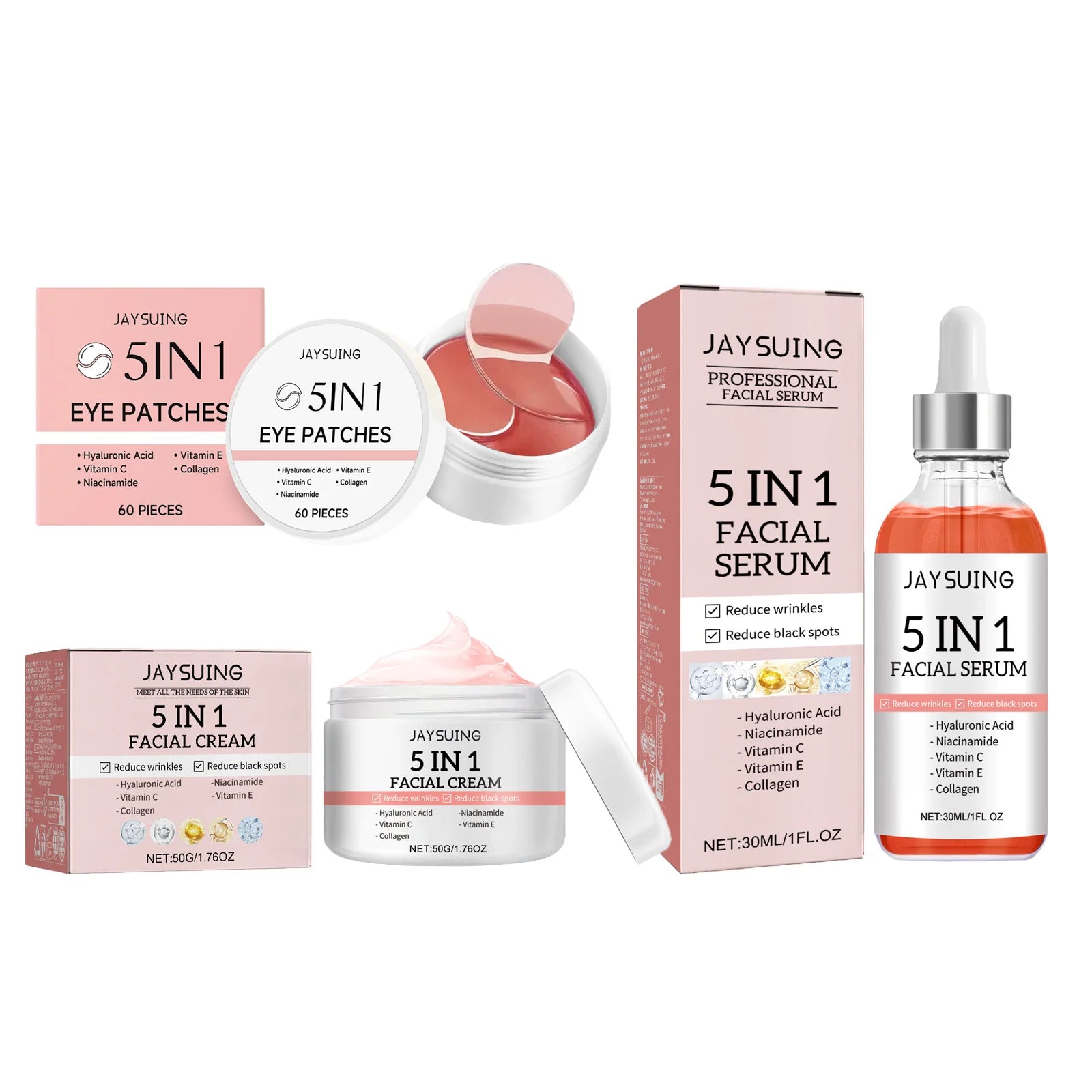 5-in-1 Skincare Set Firming Facial Serum Anti Aging Face Cream Collagen Eye Patches Moisturising Brightening Shrink Pores Skin Qme 1 Set