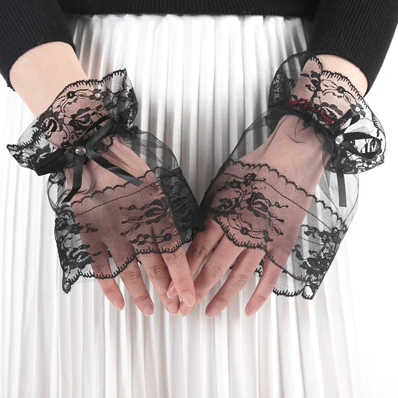 Women Gothic Lace Mesh Stretch Horn Cuffs Gloves Ruffled Detachable Fake Sleeves Wedding Party Sunshade Decorative Wrist Warmer Qme